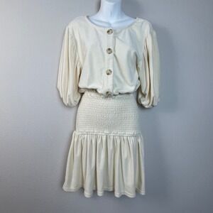 Sabo Tawni Dress Cream Textured Button‎ Front Smocked Waist Puff Sleeve Mini S
